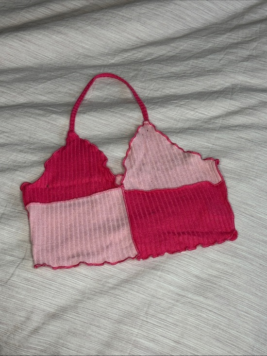 SHEIN Tops - SHEIN Pink Colorblock Ribbed Cropped Halter Top